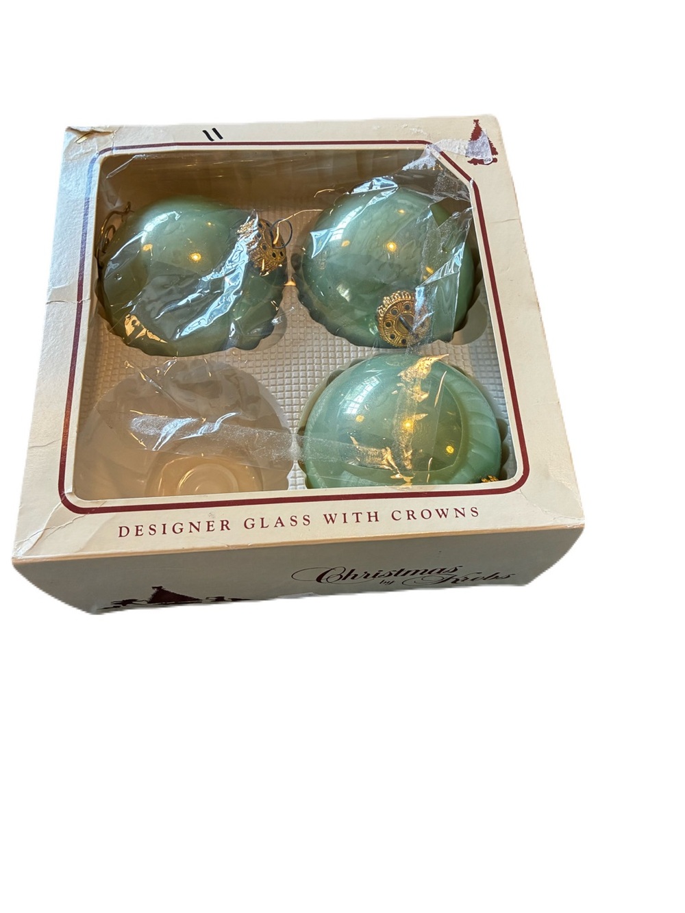 Vintage Christmas by Krebs Set of 3 Santa Fe Blue Glass Ornaments Gold Crowns